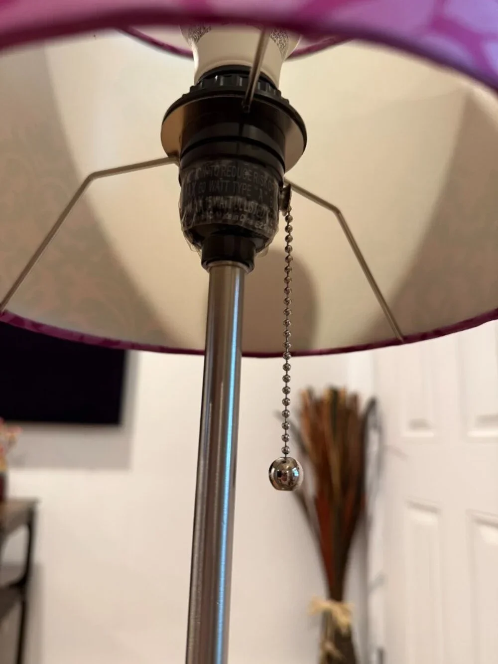 Purple Damask Stick Lamp w/Silver Metal Base & Pull Chain, Modern Table Lamp